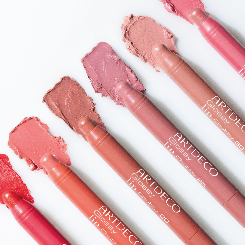 All Artdeco Glossy Lip Chubbys on a white background with the respective texture watch.