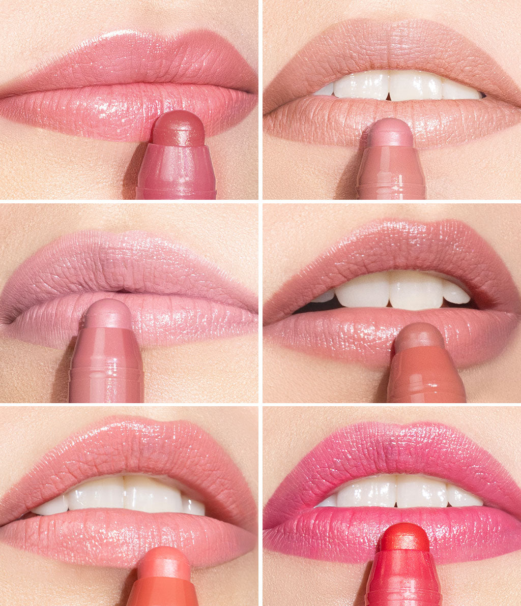 Six close-ups of lips in different shades with the Glossy Lip Chubby applied. The colors range from soft pink to strong pink, with different textures and shine.