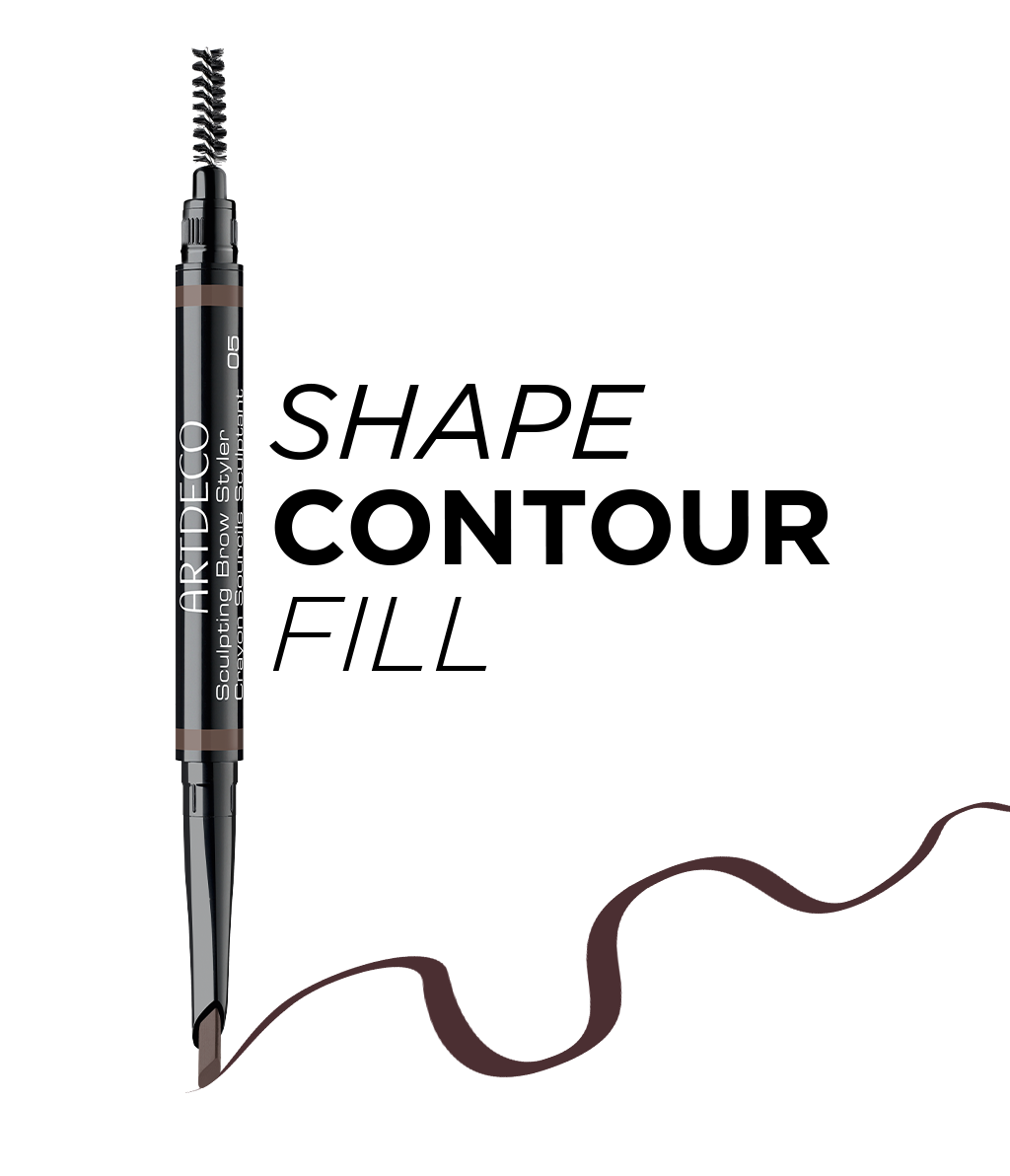 The Sculpting Brow Styler is shown. The picture shows the three most important features of the pencil: it is ideal for shaping, contouring and filling in the eyebrows