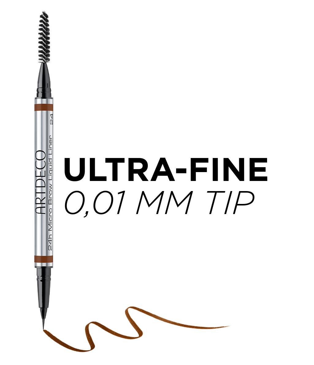 The 24h Micro Brow Liquid Liner is shown. The picture shows one of the most important features of the pencil: it has an ultra-fine tip with a diameter of 0.01 mm.