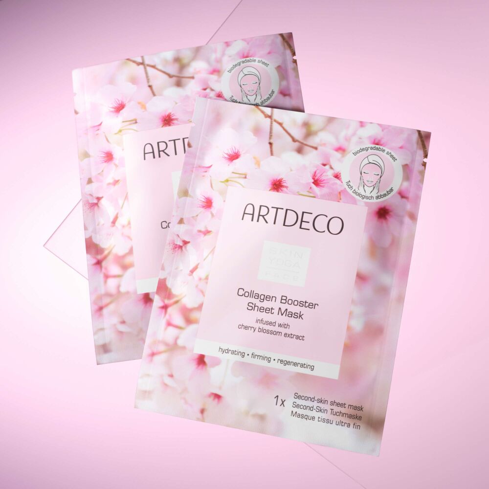 Two Collagen Boosting Sheet Masks on a pink background