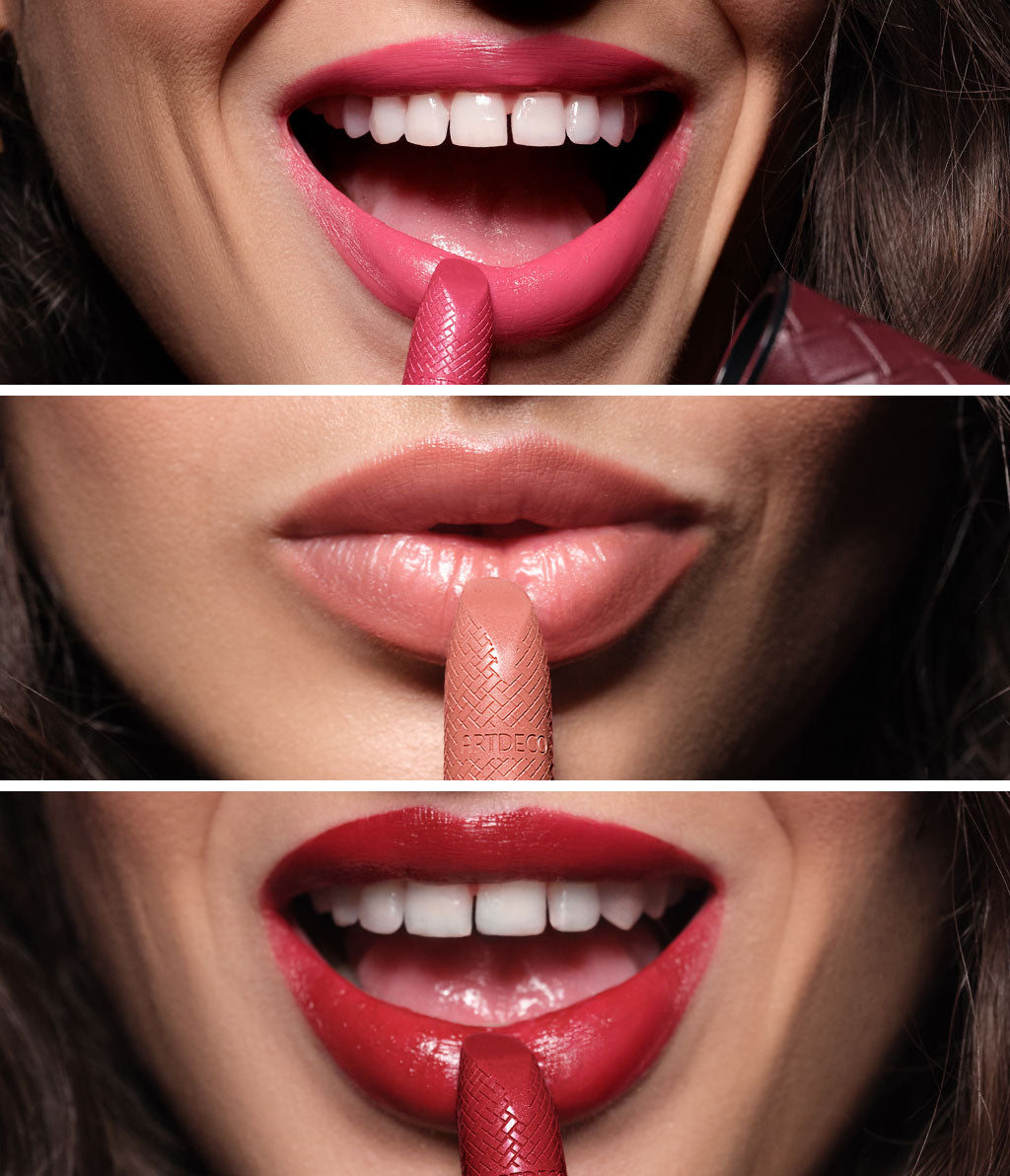 A collage of various application photos of ARTDECO's Iconic Lipstick. From top to bottom: No. 330 Love Story, No. 350 Autumn Terra and finally No. 310 Cherry Kiss
