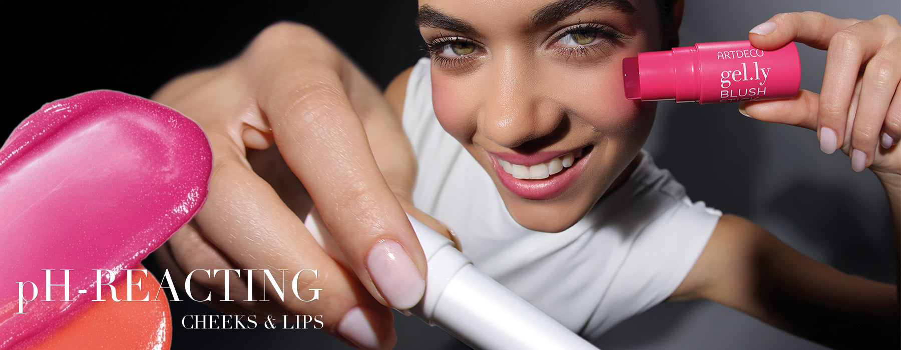 A promotional image of ARTDECO's Cheeks & Lips collection, featuring the popular Color Booster Lip Balm in a limited-edition design and the Gel.ly Blush, which adapts to your individual pH level.
