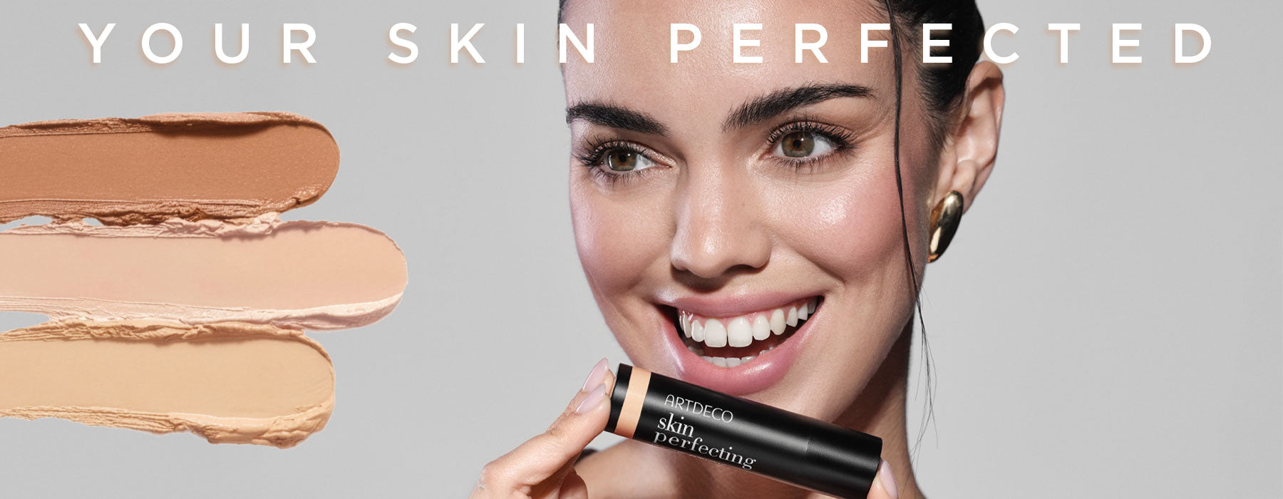 Collection image with a model and texture swatches from the new Your Skin Perfected Collection by ARTDECO 