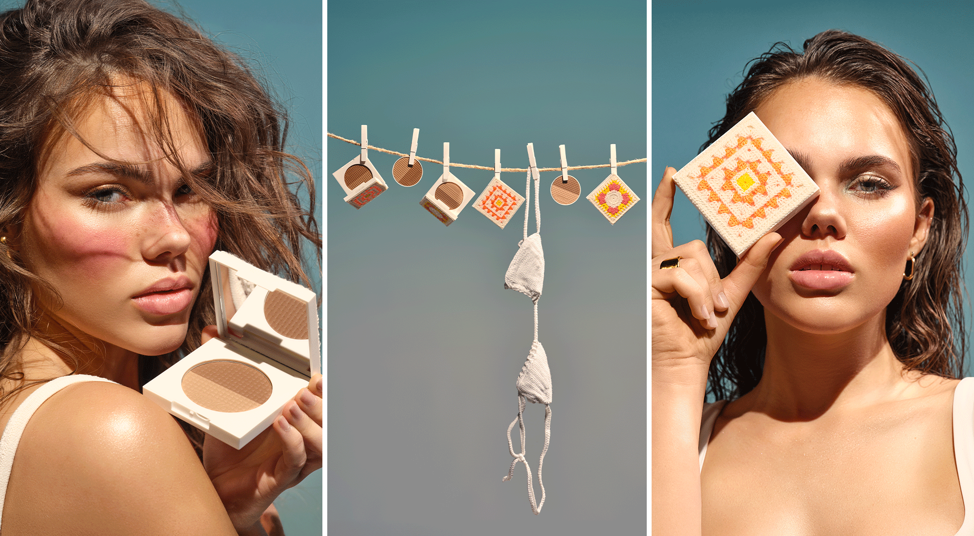 The desktop collage shows a young woman with curly hair and natural make-up holding an eyeshadow palette in front of her face. In the background, two eyeshadow palettes hang on a washing line, surrounded by a light blue sky. The scene conveys a summery, fresh feeling.