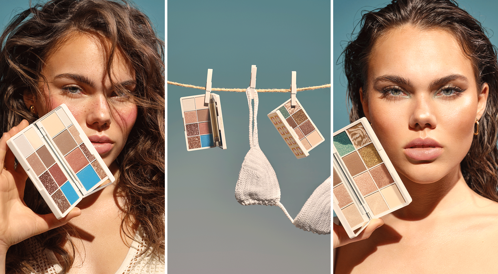 The desktop collage shows a young woman with curly hair and natural make-up. She holds an eyeshadow palette to her face and demonstrates its application. In the background, several eyeshadow palettes hang on a washing line, surrounded by a light blue sky. The scene exudes a summery, relaxed flair.