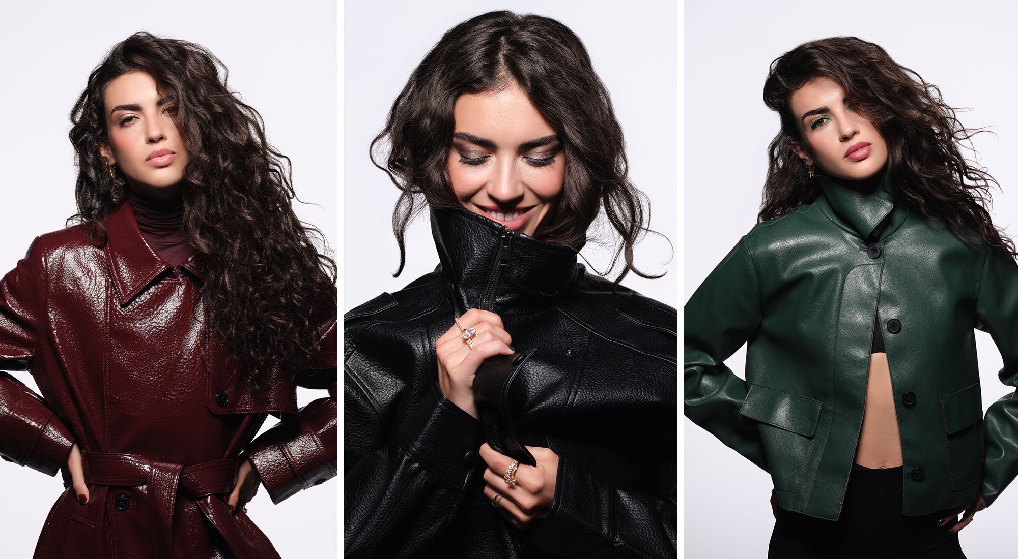 A collage of three product images, in each of which the model is wearing a red, green, and black jacket, with coordinating makeup.