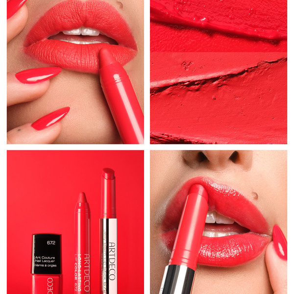 A collage of application and product images of N°672, showcasing a perfectly coordinated look featuring lipstick and nail polish