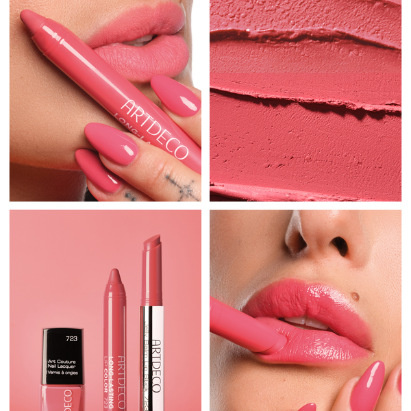 A collage of application and product images of N°723, showcasing a perfectly coordinated look featuring lipstick and nail polish