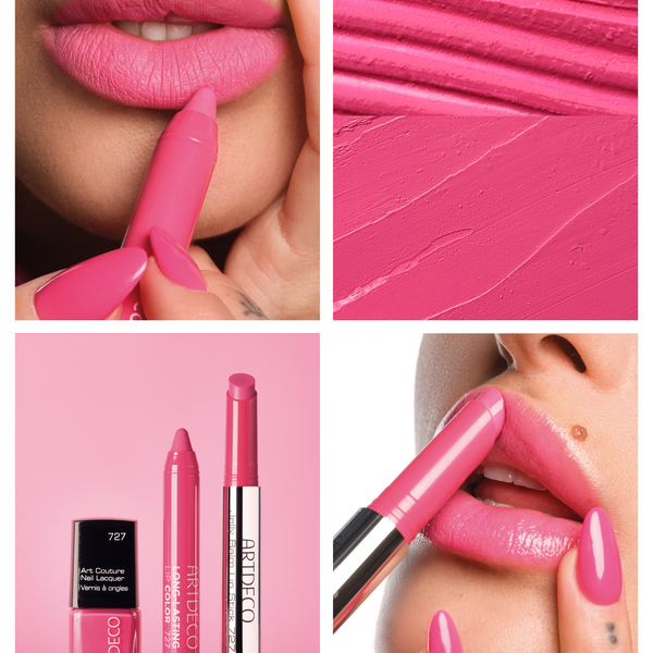 A collage of application and product images of N°727, showcasing a perfectly coordinated look featuring lipstick and nail polish