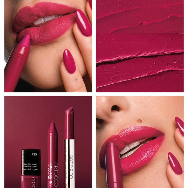 A collage of application and product images of N°730, showcasing a perfectly coordinated look featuring lipstick and nail polish