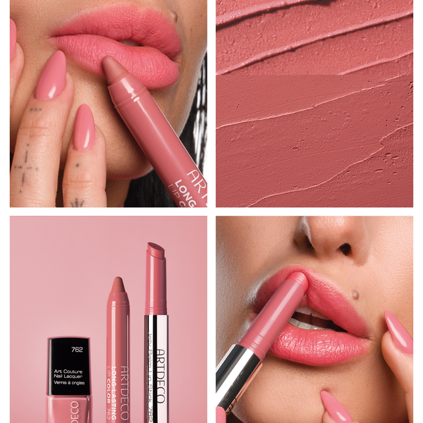 A collage of application and product images of N°762, showcasing a perfectly coordinated look featuring lipstick and nail polish