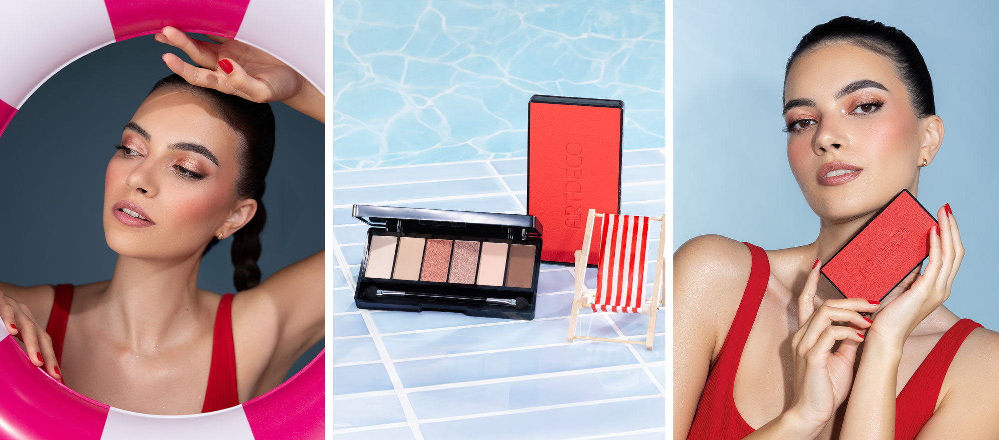 Collage of three images showing a summery make-up look with a woman in a red swimsuit applying eyeshadow from the Iconic Eyeshadow Palette. In the center, the open eyeshadow palette is staged in front of a pool with a mini deck chair.