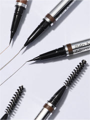 Fine strokes created with the 24h Micro Brow Liquid Liner on a light grey background showing all available shades.