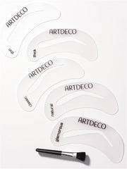 Various eyebrow stencils with a small brush on a white background.
