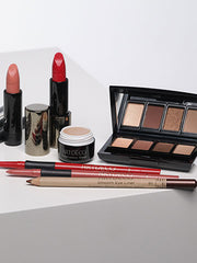 Product overview of the products used for the soft eye makeup and statement lips makeup tips