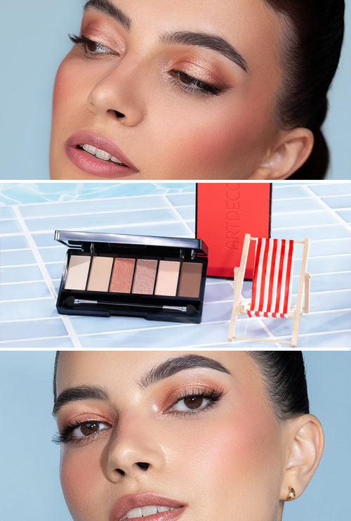 Collage of three images showing a summery make-up look with a woman in a red swimsuit applying eyeshadow from the Iconic Eyeshadow Palette. In the center, the open eyeshadow palette is staged in front of a pool with a mini deck chair.