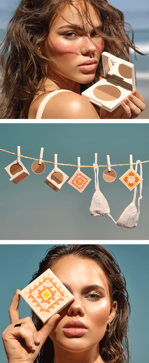 The mobile collage shows a young woman with curly hair and natural make-up holding an eyeshadow palette in front of her face. In the background, two eyeshadow palettes hang on a washing line, surrounded by a light blue sky. The scene conveys a summery, fresh feeling.