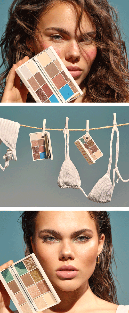 The mobile collage shows a young woman with curly hair and natural make-up. She holds an eyeshadow palette to her face and demonstrates its application. In the background, several eyeshadow palettes hang on a washing line, surrounded by a light blue sky. The scene exudes a summery, relaxed flair.