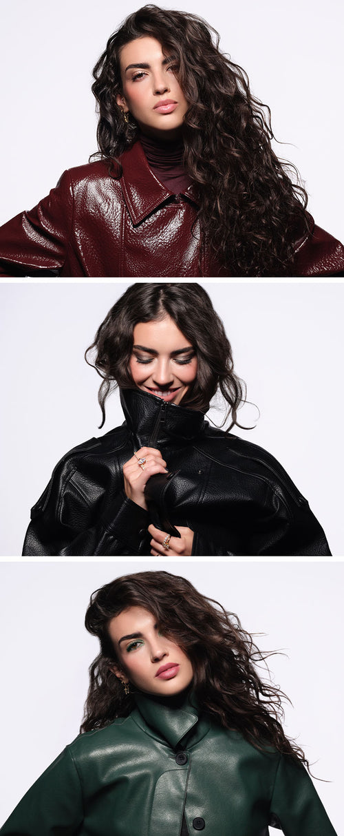 A collage of three product images, in each of which the model is wearing a red, green, and black jacket, with coordinating makeup.