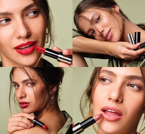 Collage of four pictures in which the model smiles and poses with the lipstick