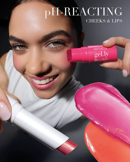 A promotional image of ARTDECO's Cheeks & Lips collection, featuring the popular Color Booster Lip Balm in a limited-edition design and the Gel.ly Blush, which adapts to your individual pH level.