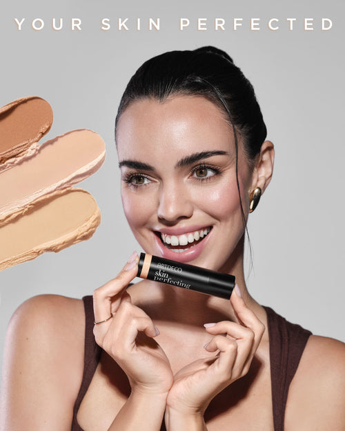 Collection image with a model and texture swatches from the new Your Skin Perfected Collection by ARTDECO 