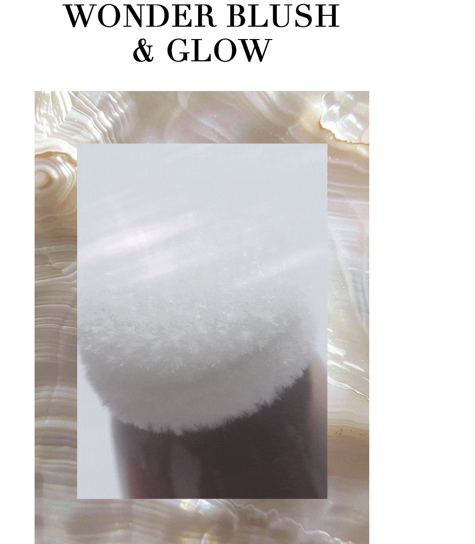 GIF of the limited edition Wonder Blush & Glow Highlighter showcasing the pearlescent texture emerging from the sponge applicator. "Wonder Blush & Glow" is written in capital letters at the top of the image.