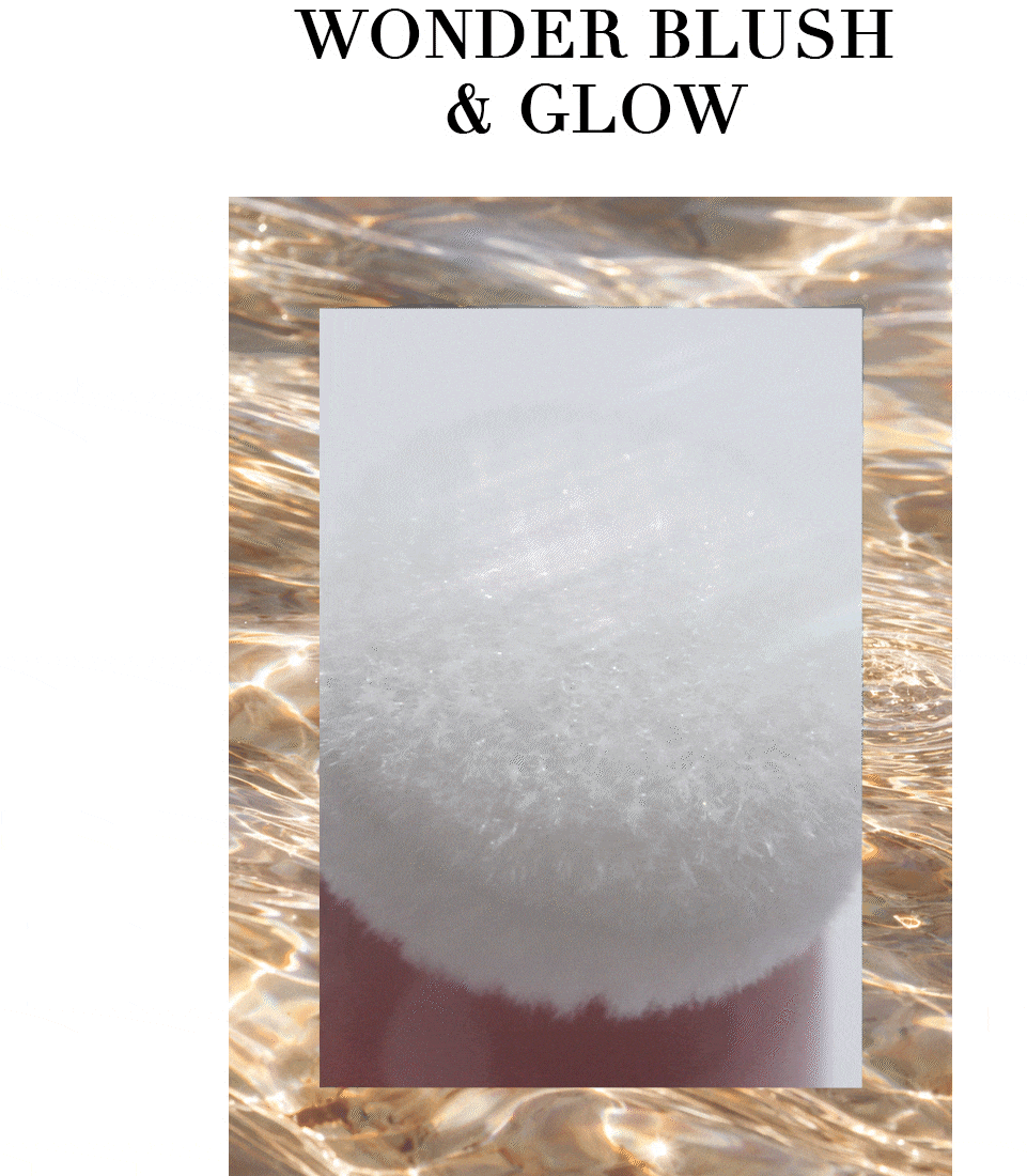 GIF of the limited edition Wonder Blush & Glow Rouge showcasing the pearlescent texture emerging from the sponge applicator. "Wonder Blush & Glow" is written in capital letters at the top of the image.