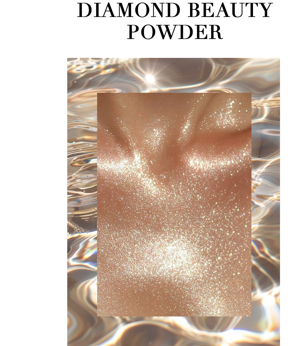 Diamond Beauty Powder being applied to create a radiant glow with elegant glitter that covers the skin like a veil of diamonds. "Diamond Beauty Powder" is written in capital letters at the top of the image.