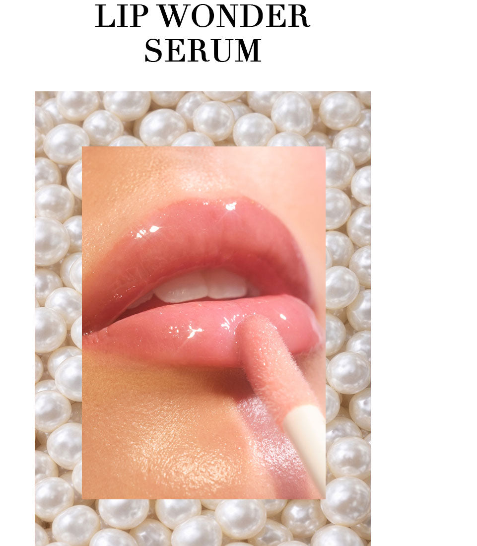 Close-up of seductively glossy lips as the new Lip Wonder Serum in peach is applied with an XL applicator. "Lip Wonder Serum" is written in capital letters at the top of the image.