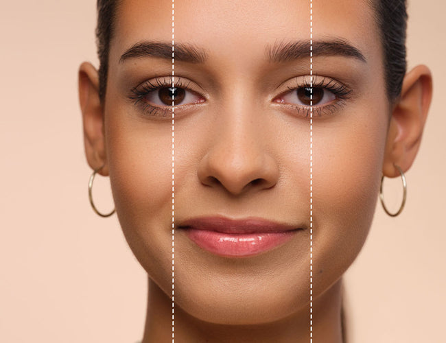 Model has drawn in graphic elements to show where the blush can be applied for different results